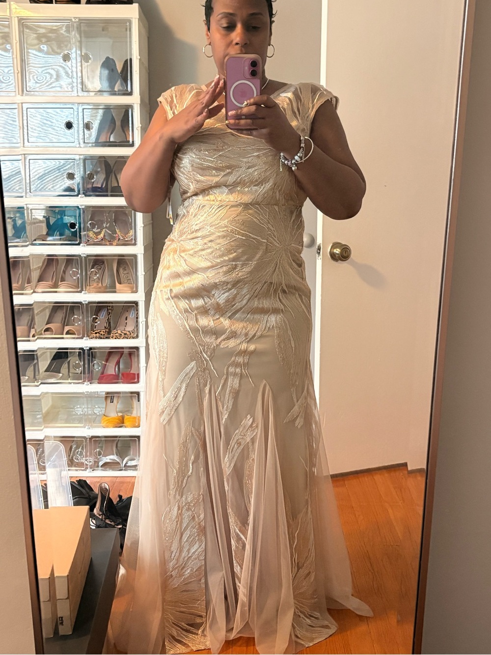 Alex Evenings Gold Embroidered Maxi Evening Dress